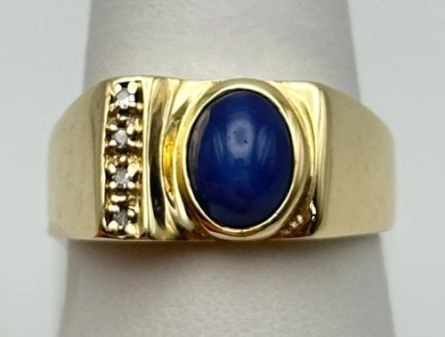 10K GOLD RING WITH LAB CREATED STAR SAPPHIRE, 0.04CTW DIAMONDS (SIZE 10) 9.2G (1 of 1)
