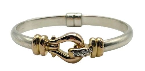 925 SILVER, 14K GOLD, BANGLE BRACELET, 0.06CTS DIAMONDS ( 7 INCH ) 30.7 GRAMS (1 of 1)