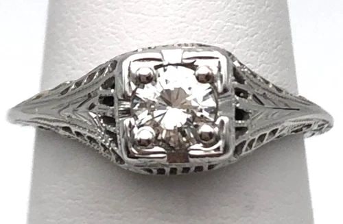 18K WHITE GOLD FILIGREE STYLE RING WITH SOLITAIRE 0.35CT DIAMOND SIZE: 6 2.1G (1 of 1)
