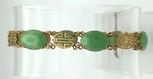 14K GOLD BRACELET WITH SIX OVAL JADE STONES ( 7 INCH ) 11 GRAMS (1 of 1)