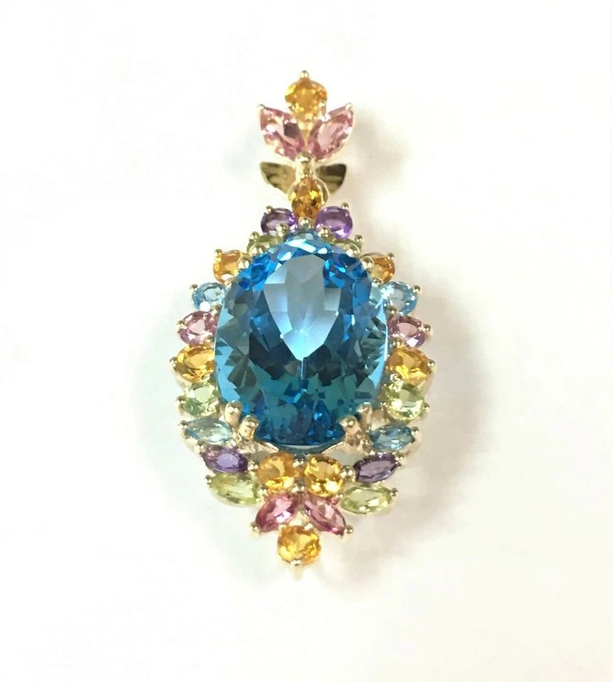 14K GOLD PENDANT, CENTER BLUE TOPAZ SURROUNDED BY MULTI-COLORED GEM STONES 7.4G (1 of 2)