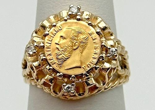 14K GOLD RING, 1865 MAXIMILIANO 14K COIN, MEXICANO, 0.08CTS DIAMONDS 5.9G: 14K GOLD RING, 1865 MAXIMILIANO 14K COIN, IMPERIO MEXICANO, 0.08CTS OF DIAMONDS 14k Gold Ring, 1865 Maximiliano 14k Coin, Imperio Mexicano, 0.08cts of Diamonds Condition: Used, has been cleaned Materi