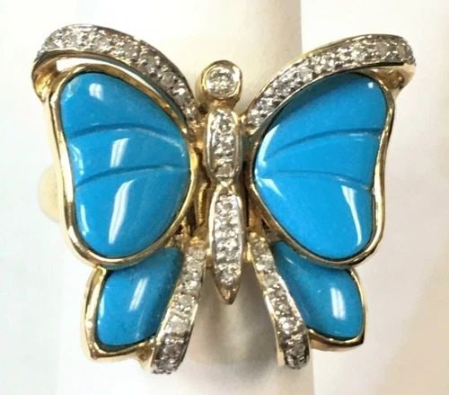 10K BUTTERFLY RING/PENDANT, 0.23CTS DIAMONDS, IMITATION TURQUOISE (SIZE: 7) 8.4G (1 of 1)