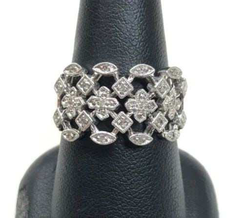 NEW 14K WHITE GOLD "CHAIN MAIL MOBILE" RING, 0.18CTS DIAMONDS (SIZE 7.75) 4.8G (1 of 1)