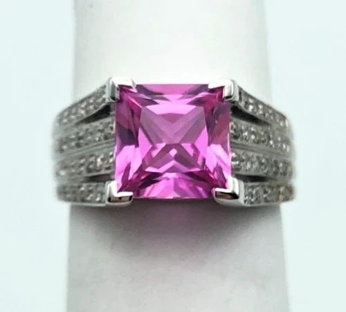 10K WHITE GOLD RING WITH DIAMOND AND LAB-CREATED PINK SAPPHIRE (SIZE 5.5) 4.7G (1 of 1)