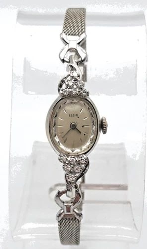 VINTAGE ELGIN 14K WHITE GOLD WATCH SET WITH 0.25CTS OF DIAMONDS 17 JEWELS (1 of 1)