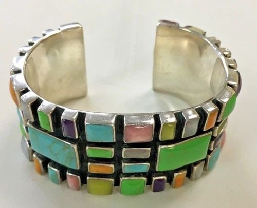STERLING SILVER CUFF/BRACELET NATURAL BEZEL SET GEMSTONES 99 GRAMS (1 of 1)