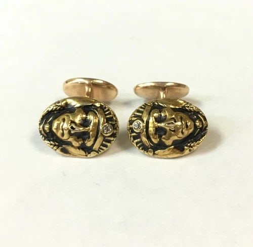 VINTAGE 14K NATIVE AMERICAN HEAD CUFFLINKS WITH 0.10CTW DIAMONDS 4.8 GRAMS (1 of 1)
