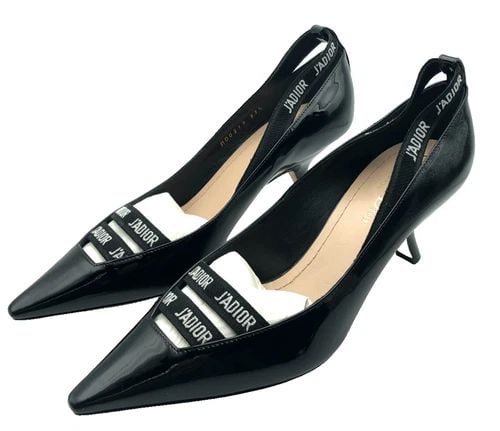 CHRISTIAN DIOR BLACK LEATHER J'ADIOR RIBBON POINTED TOE PUMPS SIZE: 37.5 (1 of 1)