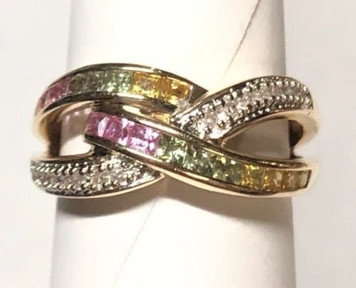 10K GOLD ART RING, SYNTHETIC SAPPHIRES, 0.12CTS DIAMONDS (SIZE 7.25) 5.4G (1 of 1)