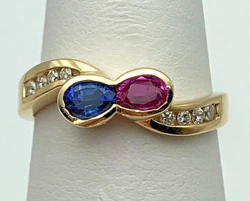 14K GOLD BOW SHAPED HEAD RING SET WITH SAPPHIRE, RUBY AND 0.12CTW DIAMONDS 3.3G (1 of 1)