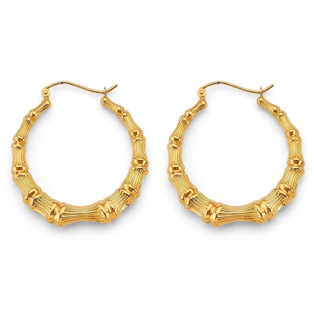 NEW 14K YELLOW GOLD BAMBOO HOLLOW HOOP EARRINGS (1 of 2)