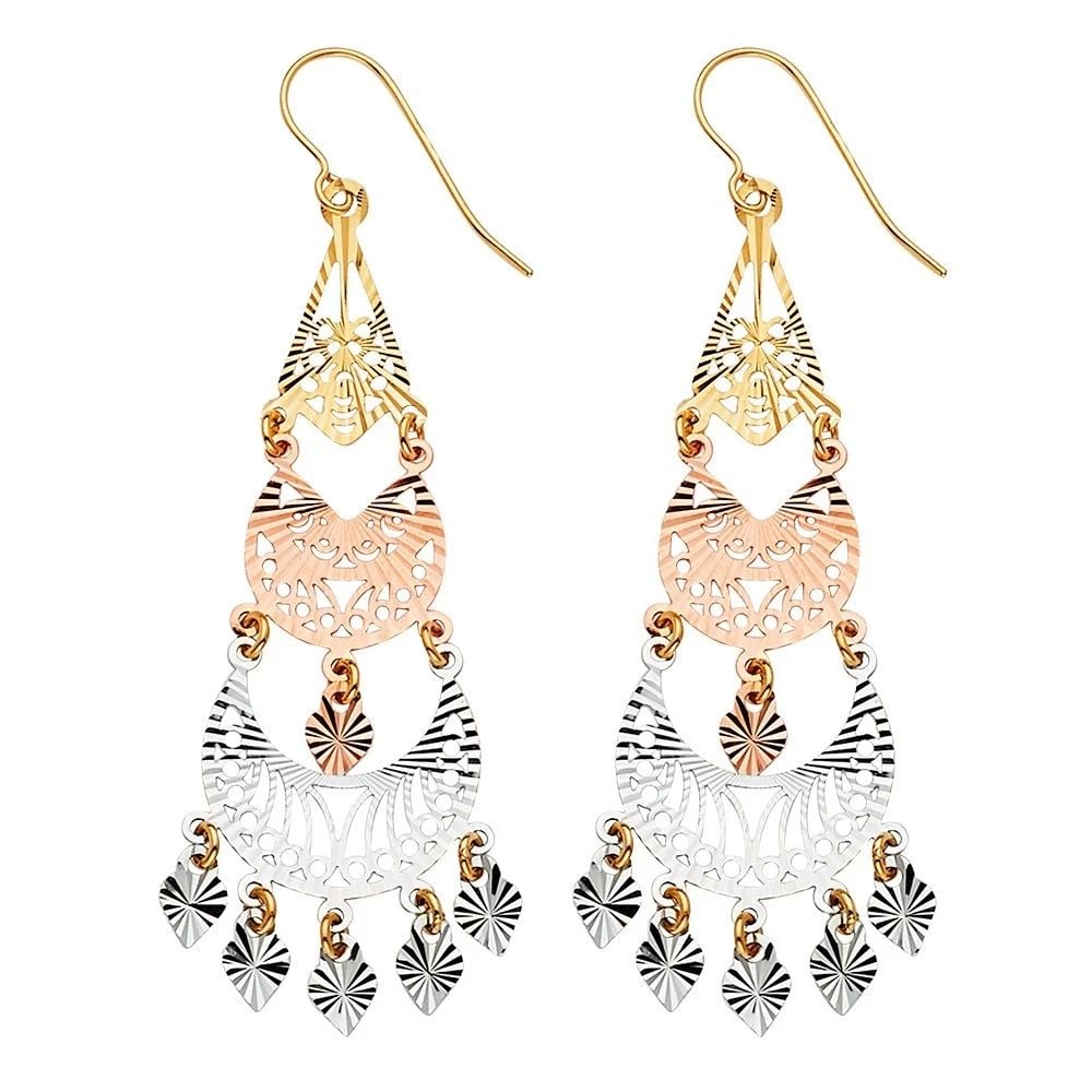 NEW 14K TRI COLOR GOLD FILIGREE CHANDELIER EARRINGS: NEW 14K TRI COLOR GOLD FILIGREE CHANDELIER EARRINGS FILIGREE CHANDELIER EARRINGS NEW 14K TRI COLOR GOLD HEIGHT - 57 mm WIDTH - 21 mm Apx WEIGHT - 3.2 g