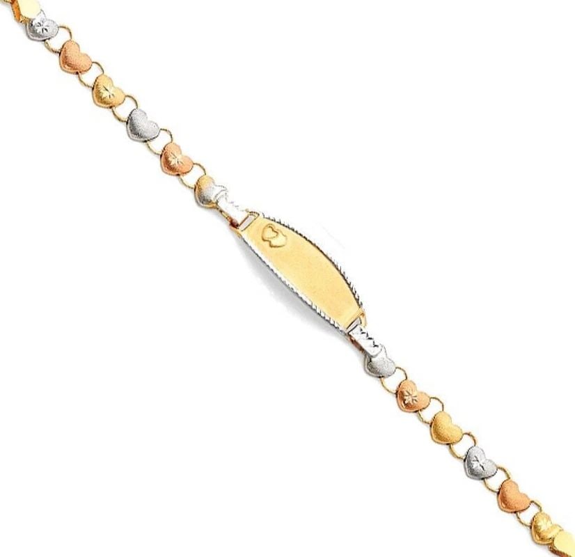 NEW 14K TRI COLOR GOLD LIGHT STAMPATO ID BRACELET FOR KIDS: NEW 14K TRI COLOR GOLD LIGHT STAMPATO ID BRACELET FOR KIDS LIGHT STAMPATO ID BRACELET FOR KIDS NEW 14K TRI COLOR GOLD LENGTH - 6in Apx WEIGHT - 4.1g