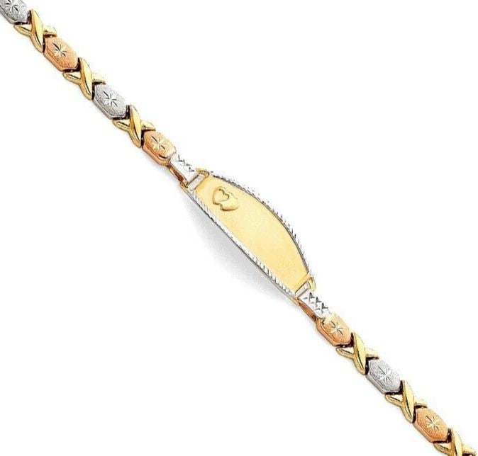 NEW 14K TRI COLOR GOLD LIGHT STAMPATO ID BRACELET FOR KIDS: NEW 14K TRI COLOR GOLD LIGHT STAMPATO ID BRACELET FOR KIDS LIGHT STAMPATO ID BRACELET FOR KIDS NEW 14K TRI COLOR GOLD LENGTH - 6in Apx WEIGHT - 4.1g