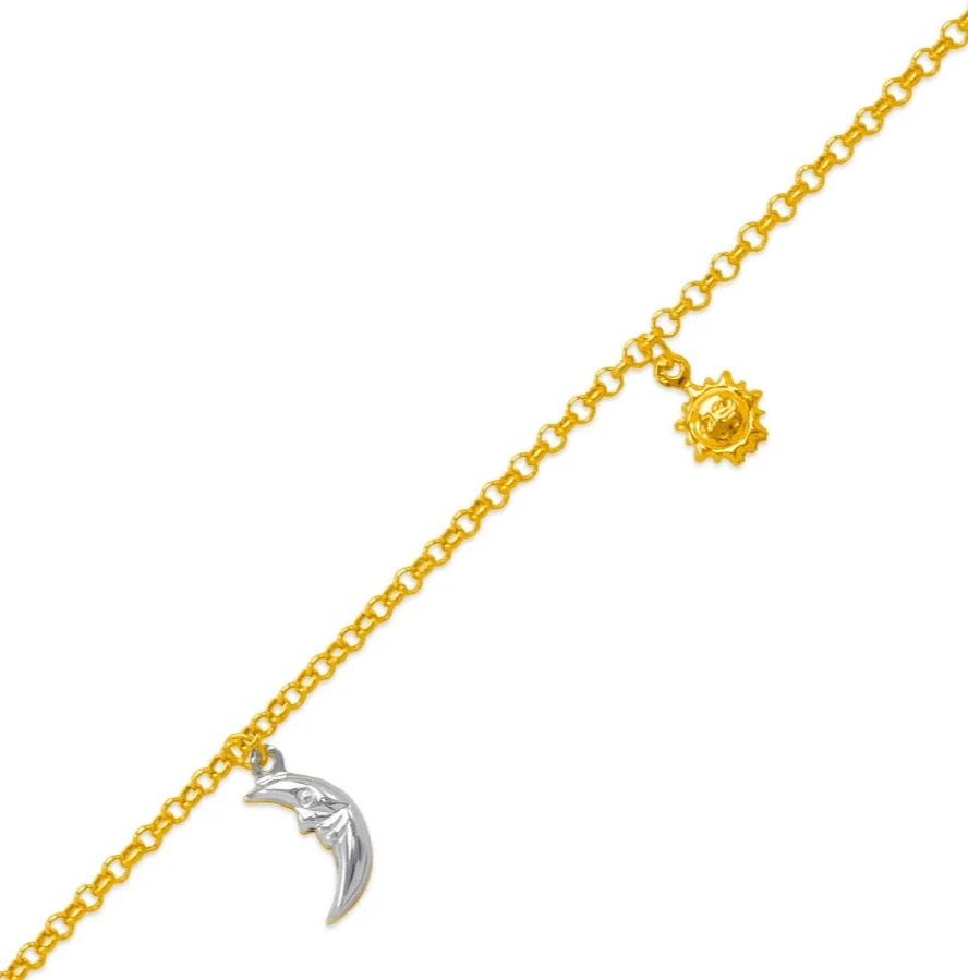 NEW 14K TRI COLOR GOLD SUN MOON CHARM ANKLET: NEW 14K TRI COLOR GOLD CHARM ANKLET 14K Tricolor Gold Approx. 2.2mm Link Approx. 13.5mm Charm 10" Long High Polished/Diamond Cut Lobster Lock Weight: 2.7 Grams