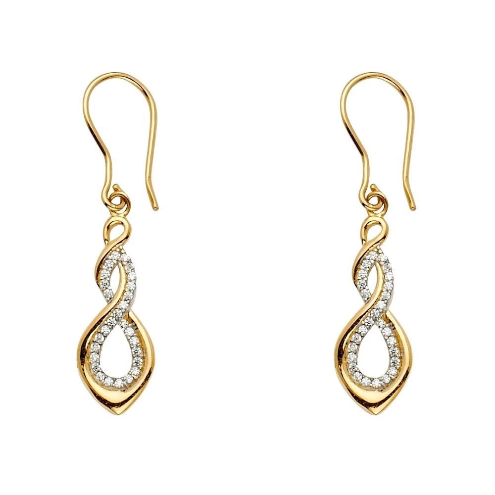 NEW 14K YELLOW GOLD TWO TONE GOLD INFINITY EARRINGS: NEW 14K YELLOW GOLD TWO TONE GOLD INFINITY EARRINGS TWO TONE GOLD INFINITY EARRINGS NEW 14K YELLOW GOLD HEIGHT - 38 mm WIDTH - 8 mm Apx WEIGHT - 3 g