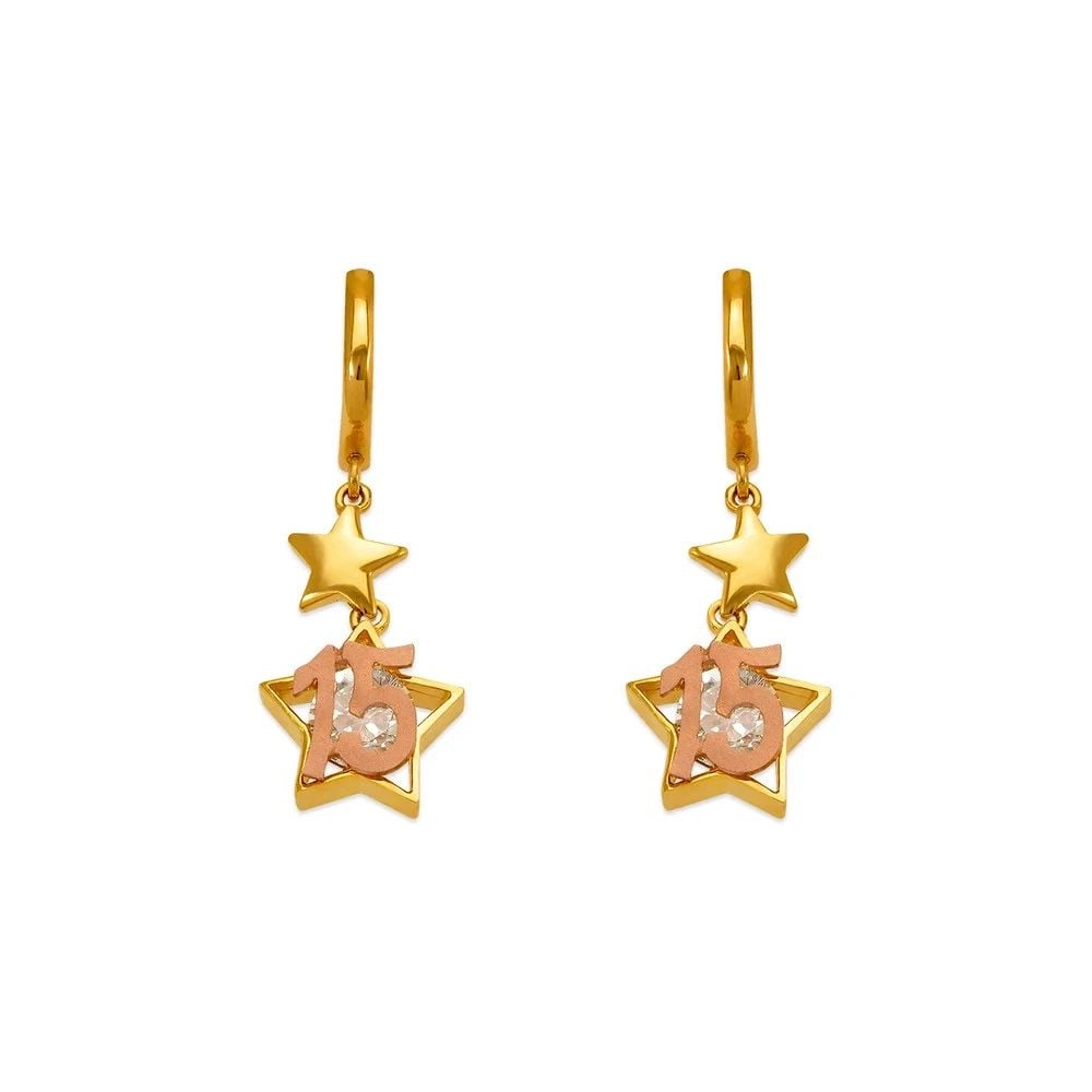 NEW 14K TWO TONE GOLD 15 ANOS STAR HUGGIE EARRINGS: NEW 14K TWO TONE GOLD 15 ANOS STAR HUGGIE EARRINGS 15 ANOS STAR HUGGIE EARRINGS NEW 14K TWO TONE GOLD Width: Approx. 11x17mm Apx WEIGHT: 3.9g