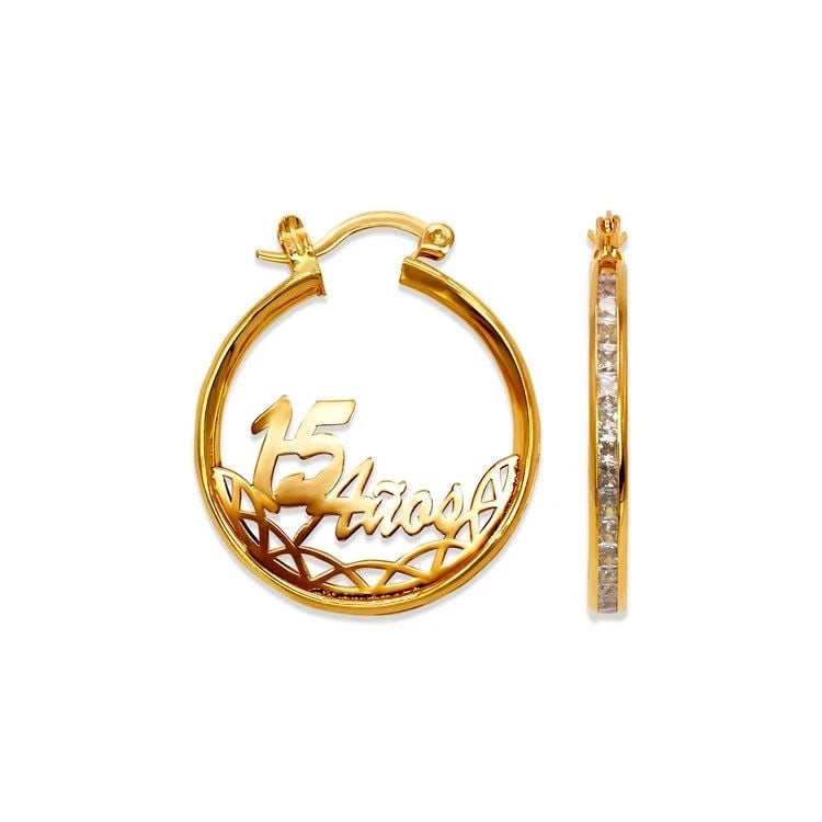 NEW 14K YELLOW GOLD 15 ANOS HOOP EARRINGS: NEW 14K YELLOW GOLD 15 ANOS HOOP EARRINGS 15 ANOS HOOP EARRINGS NEW 14K YELLOW GOLD Width: Approx. 25x29mm Apx WEIGHT: 3.9g