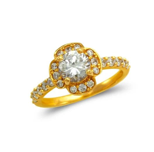 NEW 14K YELLOW GOLD LADIES FANCY FLOWER SOLITAIRERING: NEW 14K YELLOW GOLD LADIES FANCY FLOWER SOLITAIRERING LADIES FANCY FLOWER SOLITAIRERING NEW 14K YELLOW GOLD SIZE Apx: 11mm WEIGHT: 3.9g