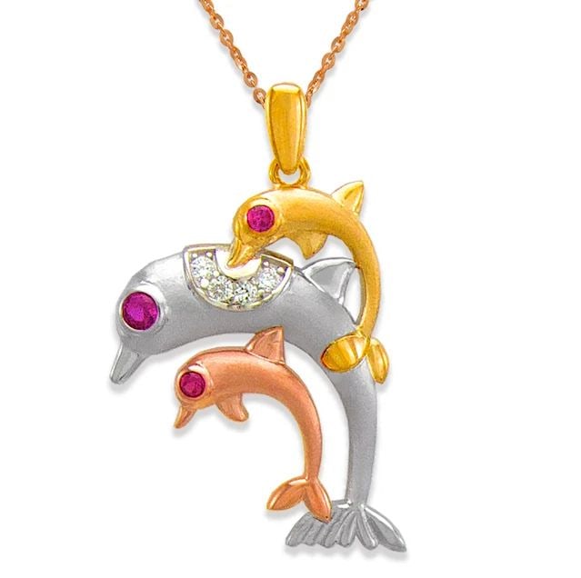 NEW 14K TRICOLOR GOLD 27MM FANCY TRIPLE DOLPHIN PENDANT (1 of 2)