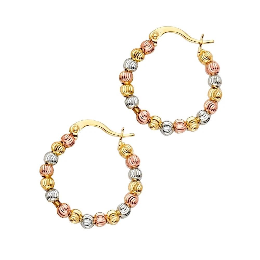 NEW 14K TRI COLOR GOLD MOON-CUT BEAD HOOP EARRINGS: NEW 14K TRI COLOR GOLD MOON-CUT BEAD HOOP EARRINGS MOON-CUT BEAD HOOP EARRINGS NEW 14K TRI COLOR GOLD Height : 20 mm Width : 20 mm Weight : 2.9g