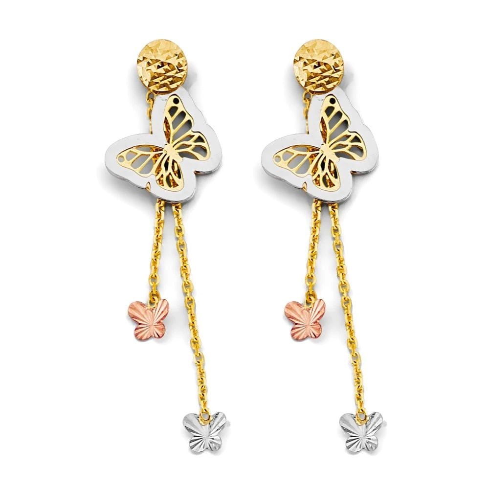 NEW 14K TRI COLOR GOLD HANGING BUTTERFLY EARRINGS: NEW 14K TRI COLOR GOLD HANGING BUTTERFLY EARRINGS HANGING BUTTERFLY EARRINGS NEW 14K TRI COLOR GOLD HEIGHT - 45 mm WIDTH - 13 mm Apx WEIGHT - 2.9 g
