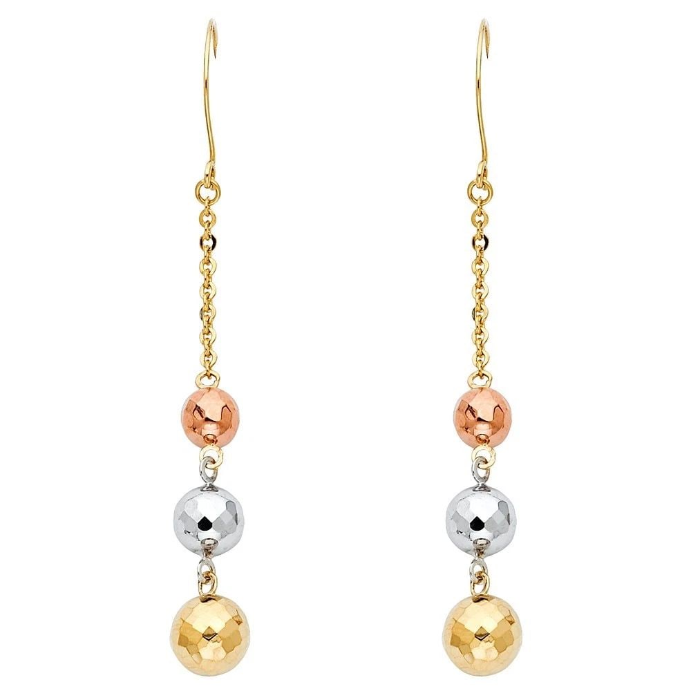 NEW 14K TRI COLOR GOLD 3 DISCO BALL HANGING EARRINGS: NEW 14K TRI COLOR GOLD 3 DISCO BALL HANGING EARRINGS 3 DISCO BALL HANGING EARRINGS NEW 14K TRI COLOR GOLD HEIGHT - 50 mm WIDTH - 7 mm Apx WEIGHT - 2.9 g