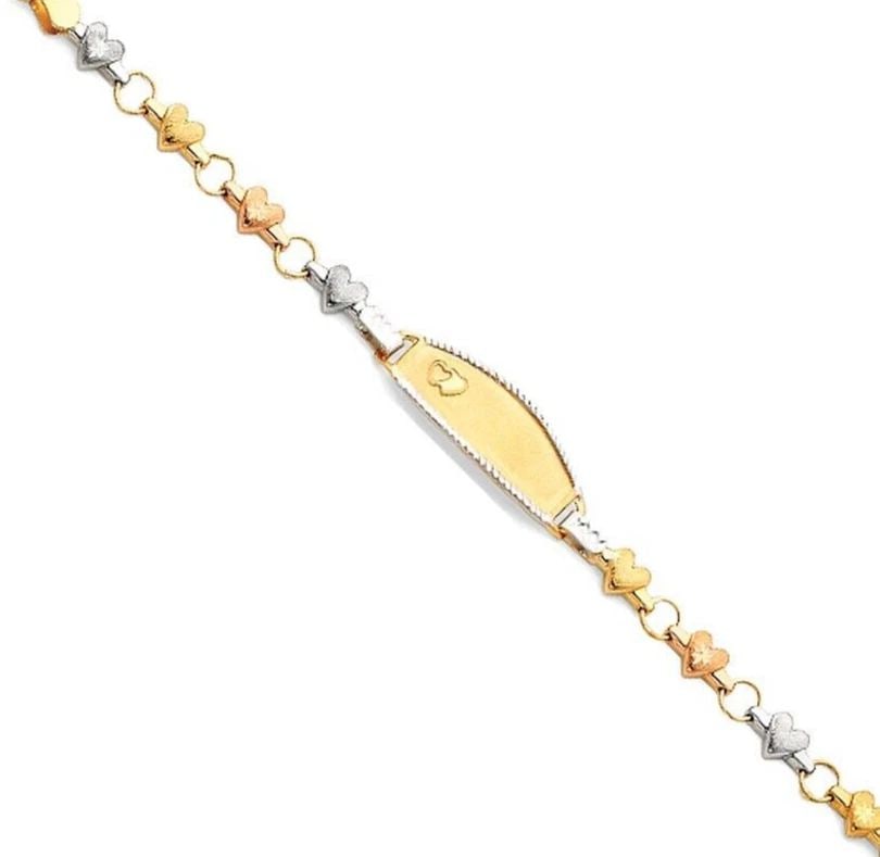 NEW 14K TRI COLOR GOLD LIGHT HEART ID BRACELET FOR KIDS: NEW 14K TRI COLOR GOLD LIGHT STAMPATO ID BRACELET FOR KIDS LIGHT STAMPATO ID BRACELET FOR KIDS NEW 14K TRI COLOR GOLD LENGTH - 6in Apx WEIGHT - 3.8g