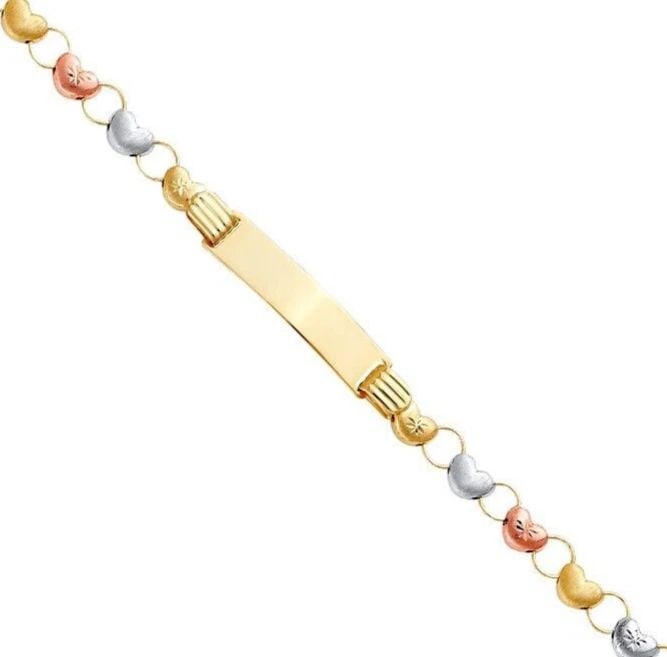 NEW 14K TRI COLOR GOLD STAMPATO BRACELET WITH PLAIN ID FOR KID: NEW 14K TRI COLOR GOLD STAMPATO BRACELET WITH PLAIN ID FOR JUNIOR STAMPATO BRACELET WITH PLAIN ID FOR JUNIOR NEW 14K TRI COLOR GOLD LENGTH - 6in Apx WEIGHT - 3.8g