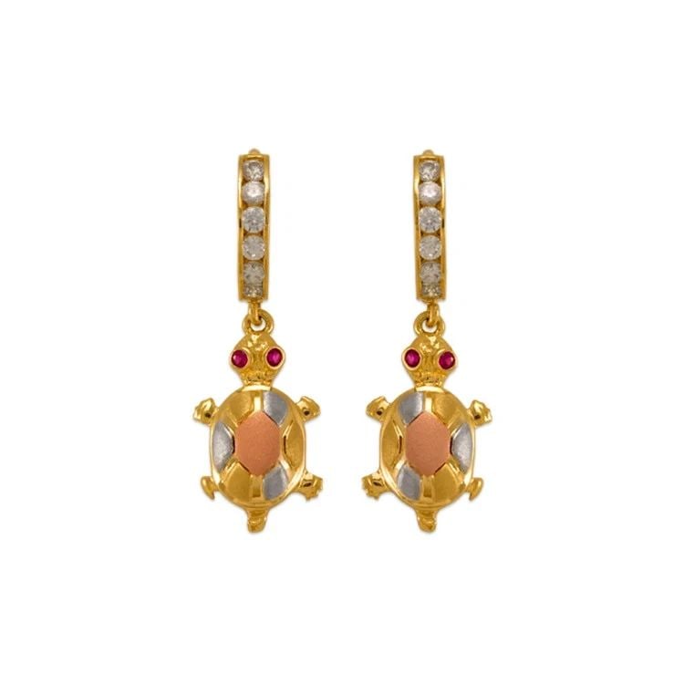 NEW 14K TRICOLOR GOLD FANCY TURTLE HUGGIE EARRINGS (1 of 2)