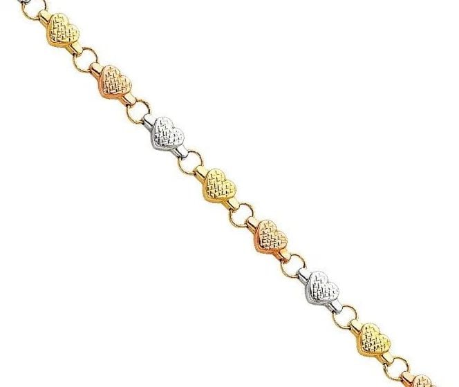 NEW 14K TRI COLOR GOLD LIGHT STAMPATO HEART BRACELET: NEW 14K TRI COLOR GOLD LIGHT STAMPATO BRACELET LIGHT STAMPATO BRACELET NEW 14K TRI COLOR GOLD LENGTH - 7.25in Apx WEIGHT - 3.7g
