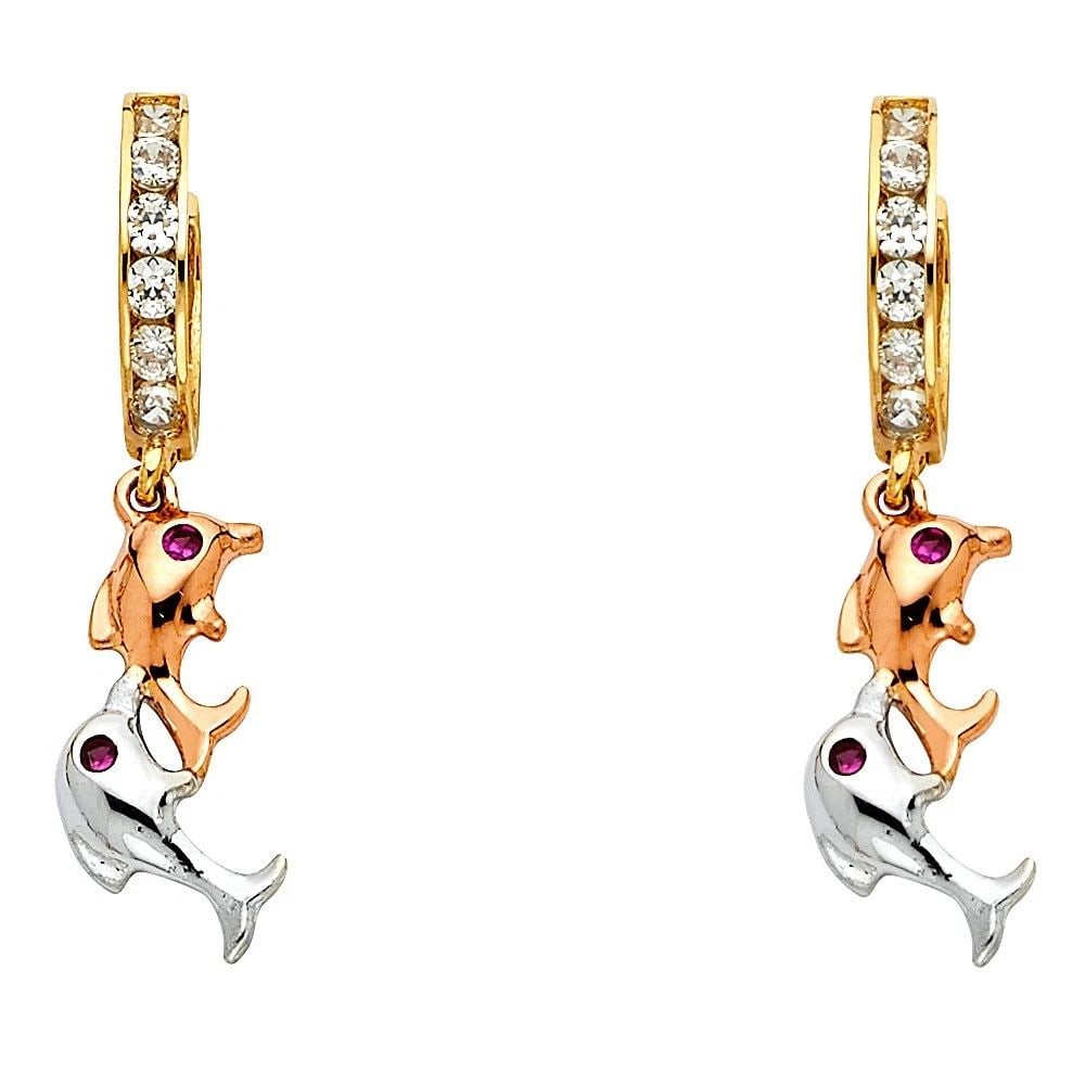 NEW 14K TRI COLOR GOLD DANGLE HUGGIES EARRINGS: NEW 14K TRI COLOR GOLD DANGLE HUGGIES EARRINGS DANGLE HUGGIES EARRINGS NEW 14K TRI COLOR GOLD HEIGHT - 35 mm WIDTH - 4 mm Apx WEIGHT - 2.8 g