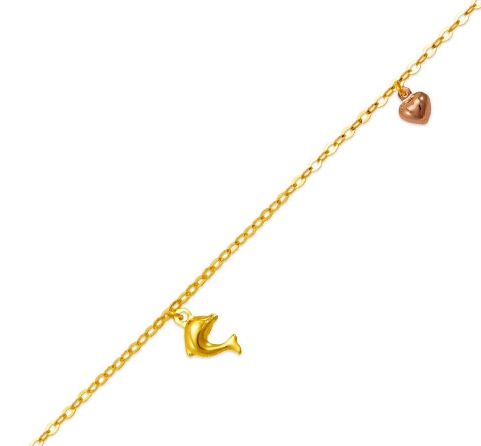 NEW 14K TRI COLOR GOLD DOLPHIN HEART CHARM ANKLET: NEW 14K TRI COLOR GOLD DOLPHIN/HEART CHARM ANKLET 14K Tri color Gold Approx. 2.0mm Bracelet, 11mm Charms 10" Long High Polished Lobster Lock Weight: 2.5 Grams