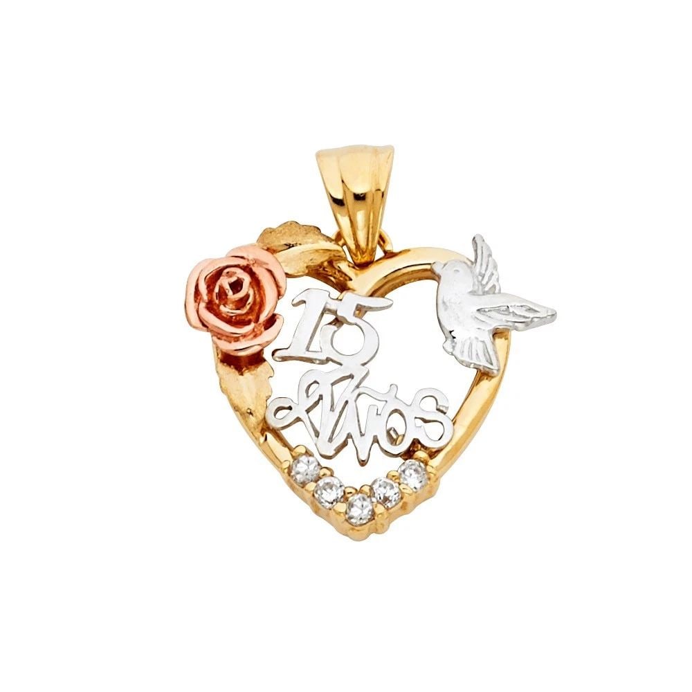 NEW 14K TRI COLOR GOLD 15 YEARS HEART PENDANT: NEW 14K TRI COLOR GOLD 15 YEARS HEART PENDANT 15 YEARS HEART PENDANT NEW 14K TRI COLOR GOLD Height : 20 mm Width : 20 mm Apx. WEIGHT : 3.6g