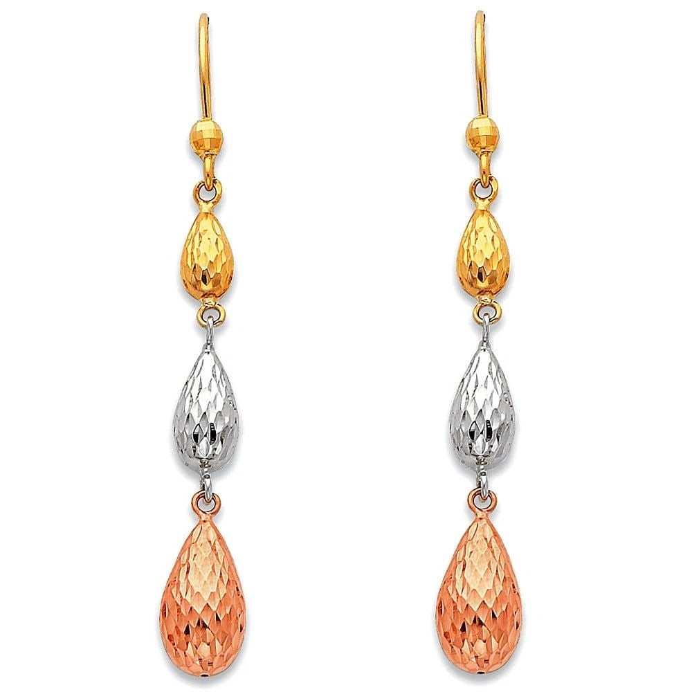 NEW 14K TRI COLOR GOLD HANGING EARRINGS: NEW 14K TRI COLOR GOLD HANGING EARRINGS HANGING EARRINGS NEW 14K TRI COLOR GOLD HEIGHT - 55 mm WIDTH - 7 mm Apx WEIGHT - 2.7 g
