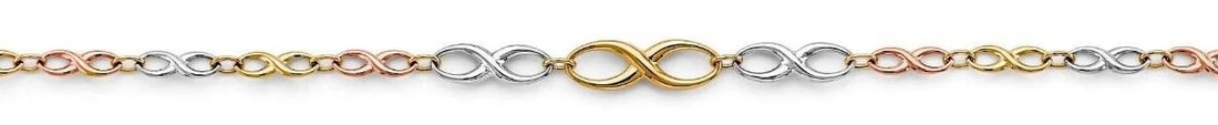 NEW 14K TRI COLOR GOLD INFINITI BRACELET: NEW 14K TRI COLOR GOLD INFINITI BRACELET INFINITI BRACELET NEW 14K TRI COLOR GOLD LENGTH - 7.25in Apx WEIGHT - 3.6g