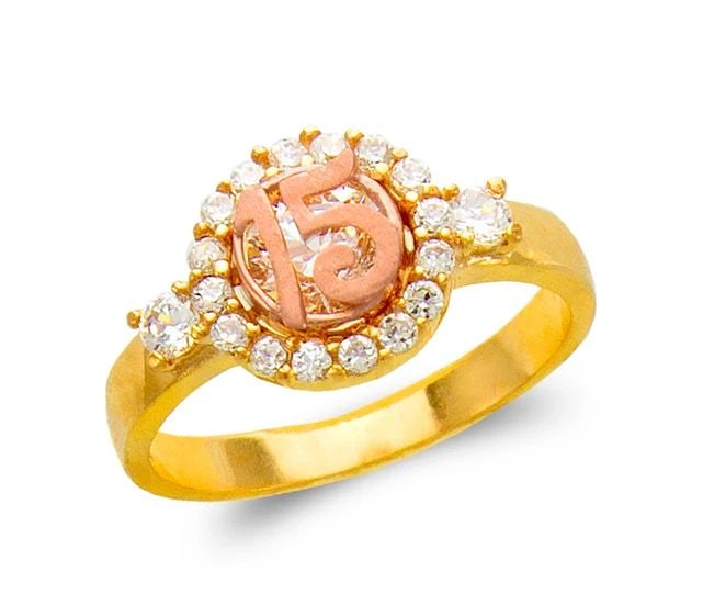 NEW 14K TWO TONE GOLD LADIES FANCY 15 ANOS RING: NEW 14K TWO TONE GOLD LADIES FANCY 15 ANOS RING LADIES FANCY 15 ANOS RING NEW 14K TWO TONE GOLD Apx. WIDTH: 10mm Apx. WEIGHT: 3.6g