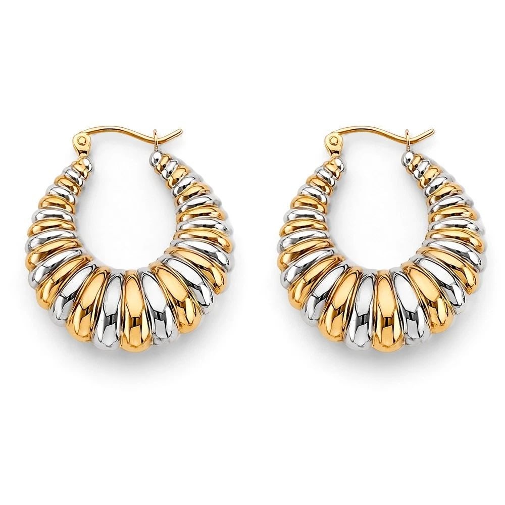 NEW 14K TWO TONE GOLD SHINY HOLLOW HOOP EARRINGS (1 of 2)