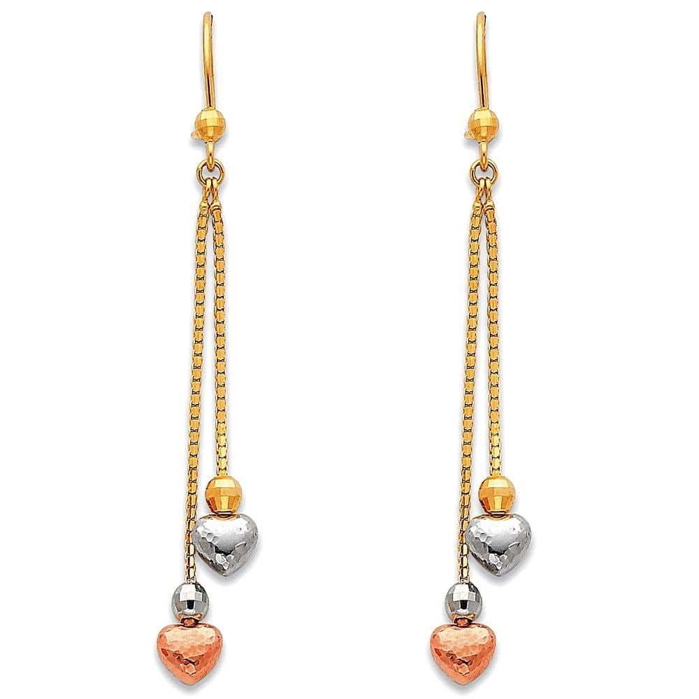 NEW 14K TRI COLOR GOLD HANGING EARRINGS: NEW 14K TRI COLOR GOLD HANGING EARRINGS HANGING EARRINGS NEW 14K TRI COLOR GOLD HEIGHT - 60 mm WIDTH - 8 mm Apx WEIGHT - 2.7 g