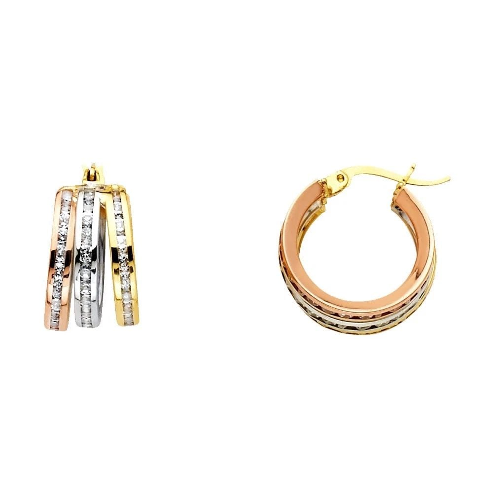 NEW 14K TRI COLOR GOLD ROUND CHANNEL 3L HOOP EARRINGS: NEW 14K TRI COLOR GOLD ROUND CHANNEL 3L HOOP EARRINGS ROUND CHANNEL 3L HOOP EARRINGS NEW 14K TRI COLOR GOLD Height : 10 mm Width : 10 mm Weight : 2.7g