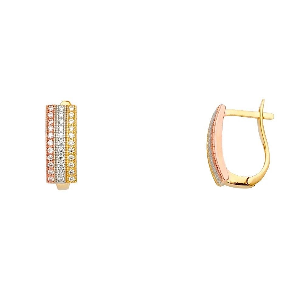 NEW 14K TRI COLOR GOLD FANCY EARRINGS: NEW 14K TRI COLOR GOLD FANCY EARRINGS FANCY EARRINGS NEW 14K TRI COLOR GOLD HEIGHT - 15 mm WIDTH - 10 mm Apx WEIGHT - 2.7 g