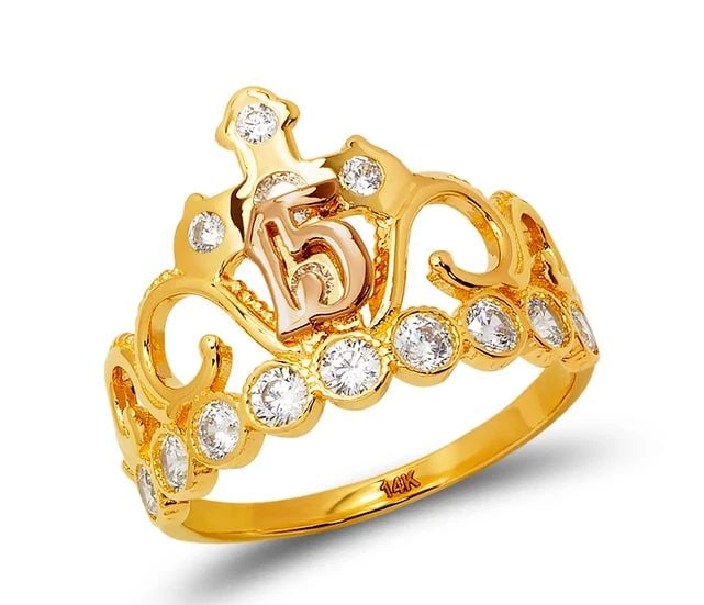NEW 14K TWO TONE GOLD LADIES 15 ANOS TIARA RING: NEW 14K TWO TONE GOLD LADIES 15 ANOS TIARA RING LADIES 15 ANOS TIARA RING NEW 14K TWO TONE GOLD Apx. WIDTH: 15mm Apx. WEIGHT: 3.5g