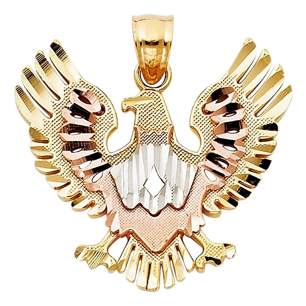 NEW 14K TRI COLOR GOLD EAGLE PENDANT: NEW 14K TRI COLOR GOLD EAGLE PENDANT EAGLE PENDANT NEW 14K TRI COLOR GOLD Height : 20 mm Width : 25 mm Apx. WEIGHT : 3.4g