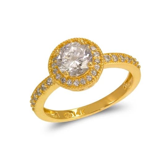 NEW 14K YELLOW GOLD LADIES FANCY SOLITAIRE HALO RING (1 of 2)