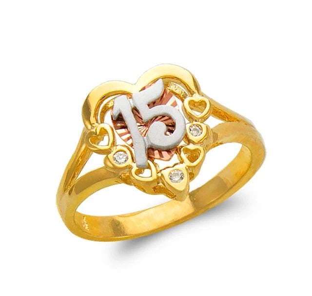 NEW 14K TRICOLOR GOLD LADIES FANCY 15 ANOS RING: NEW 14K TRICOLOR GOLD LADIES FANCY 15 ANOS RING LADIES FANCY 15 ANOS RING NEW 14K TRICOLOR GOLD SIZE Apx: 13mm Apx. WEIGHT: 3.4g