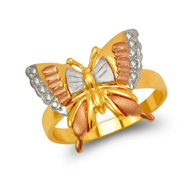 NEW 14K TRICOLOR GOLD LADIES BUTTERFLY RING: NEW 14K TRICOLOR GOLD LADIES BUTTERFLY RING LADIES BUTTERFLY RING NEW 14K TRICOLOR GOLD SIZE Apx: 10x20.5mm Apx. WEIGHT: 3.4g