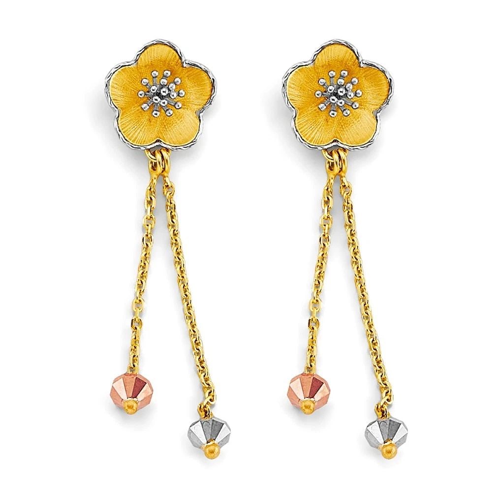 NEW 14K TRI COLOR GOLD FLOWER HANGING EARRINGS: NEW 14K TRI COLOR GOLD FLOWER HANGING EARRINGS FLOWER HANGING EARRINGS NEW 14K TRI COLOR GOLD HEIGHT - 40 mm WIDTH - 10 mm Apx WEIGHT - 2.6 g