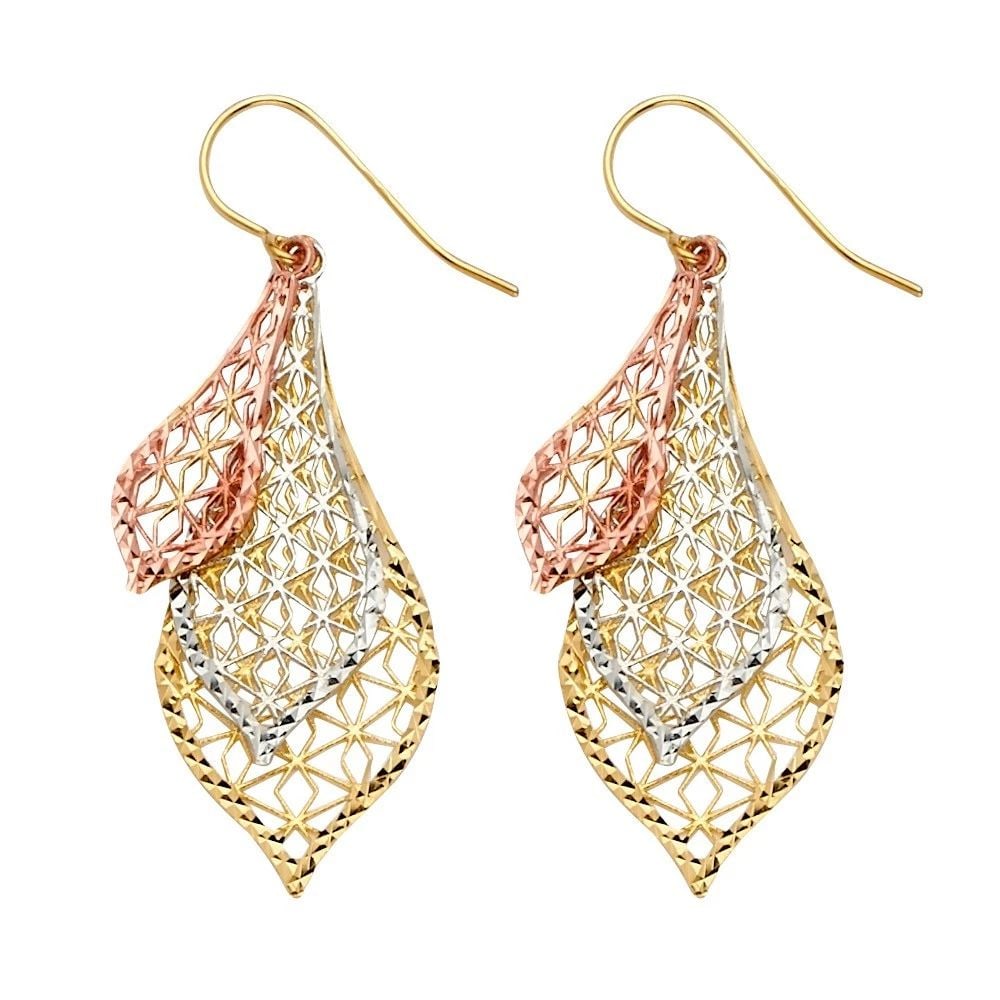 NEW 14K TRI COLOR GOLD FANCY DANGLING EARRINGS: NEW 14K TRI COLOR GOLD FANCY DANGLING EARRINGS FANCY DANGLING EARRINGS NEW 14K TRI COLOR GOLD HEIGHT - 45 mm WIDTH - 16 mm Apx WEIGHT - 2.6 g