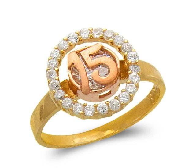 NEW 14K TWO TONE GOLD LADIES FANCY 15 ANOS RING: NEW 14K TWO TONE GOLD LADIES FANCY 15 ANOS RING LADIES FANCY 15 ANOS RING NEW 14K TWO TONE GOLD Apx. WIDTH: 12mm Apx. WEIGHT: 3.3g